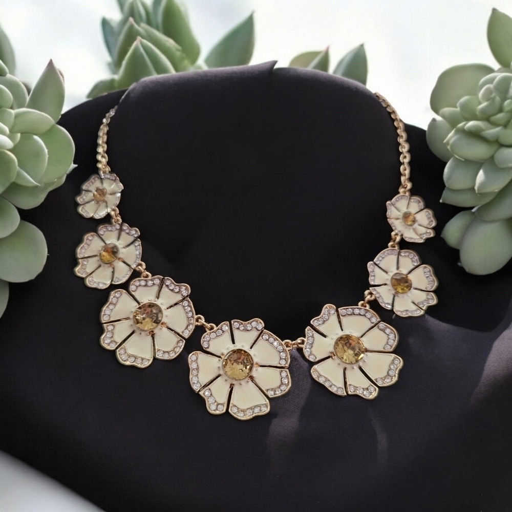 Beautiful floral gold & cream bib necklace with yellow and clear crystal accents
